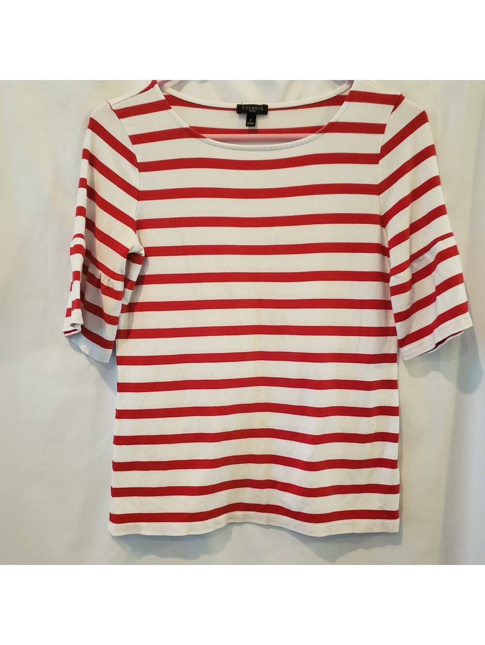 Talbots Petites Womens SmallRed White Striped Ruffle Sleeve Top Rayon Stretch